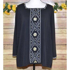Alfred Dunner Ladies 1X Black Knit Top Scalloped Edge Beaded Floral 3/4 Sleeve